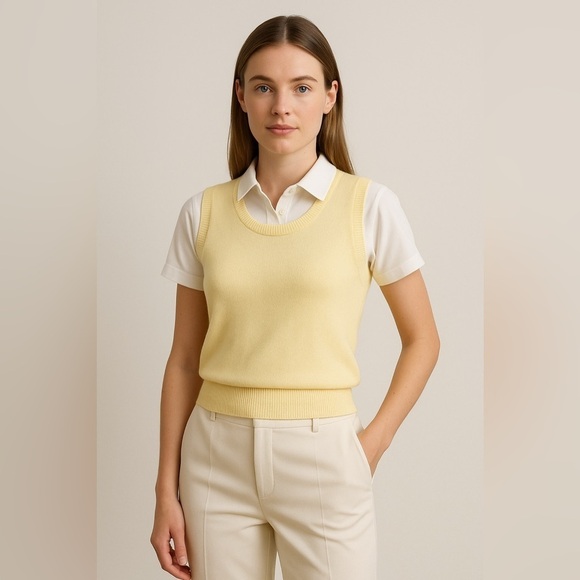 None Tops - Womens Pale Yellow Scoop Neck Wool Sweater Vest L Preppy Academia Golf Tennis